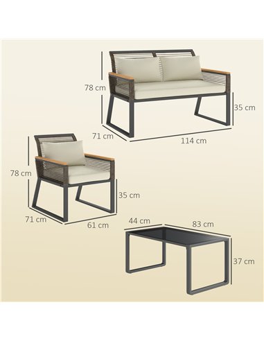 Outsunny Four Piece Wicker Rope Garden Furniture Set with Glass Top Coffee Table - Grey