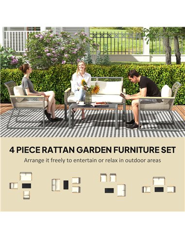 Outsunny Four Piece Wicker Rope Garden Furniture Set with Glass Top Coffee Table - Grey