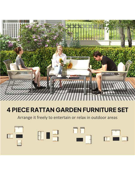 Outsunny Four Piece Wicker Rope Garden Furniture Set with Glass Top Coffee Table - Grey - pic 151336 | FastDaddyshop