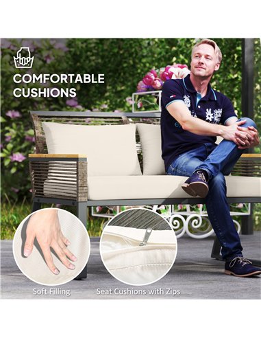 Outsunny Four Piece Wicker Rope Garden Furniture Set with Glass Top Coffee Table - Grey