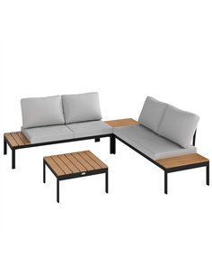 Outsunny Four-Piece Garden Corner Sofa Set with 2 Loveseats and 2 Coffee Tables - Teak