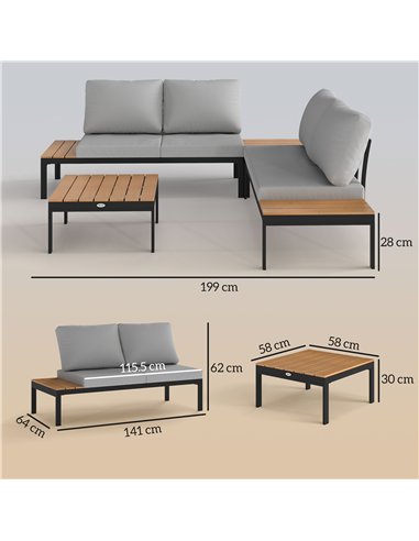 Outsunny Four-Piece Garden Corner Sofa Set with 2 Loveseats and 2 Coffee Tables - Teak