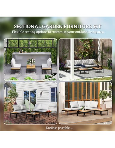 Outsunny Four-Piece Garden Corner Sofa Set with 2 Loveseats and 2 Coffee Tables - Teak