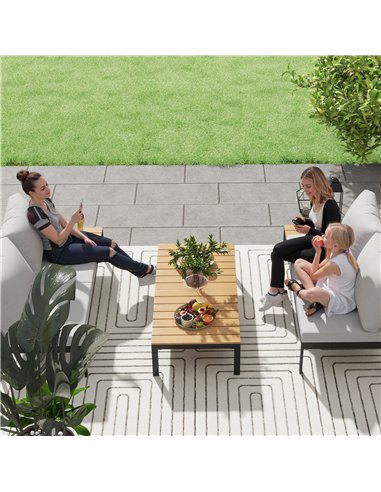 Outsunny Four-Piece Garden Corner Sofa Set with 2 Loveseats and 2 Coffee Tables - Teak