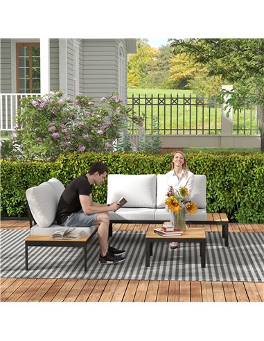 Outsunny Four-Piece Garden Corner Sofa Set with 2 Loveseats and 2 Coffee Tables - Teak