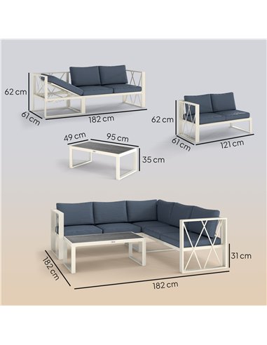 Outsunny Four-Piece L Shaped Garden Furniture Set with 5-Level Adjustable Lounger - Grey