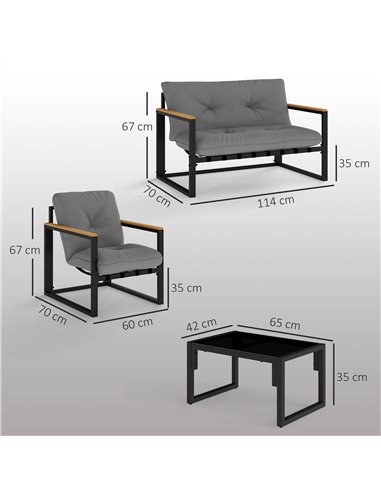 Outsunny Garden Furniture Set, 4 Piece Indoor Outdoor Conservatory with Loveseat Sofa, Armchairs, Glass Top Coffee Table, Cushio
