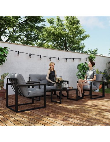 Outsunny Garden Furniture Set, 4 Piece Indoor Outdoor Conservatory with Loveseat Sofa, Armchairs, Glass Top Coffee Table, Cushio