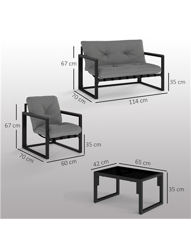 Outsunny Garden Furniture Set, 4 Piece Indoor Outdoor Conservatory with Loveseat Sofa, Armchairs, Glass Top Coffee Table, Cushio