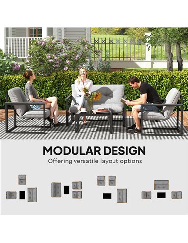 Outsunny Garden Furniture Set, 4 Piece Indoor Outdoor Conservatory with Loveseat Sofa, Armchairs, Glass Top Coffee Table, Cushio
