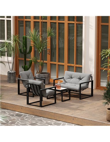 Outsunny Garden Furniture Set, 4 Piece Indoor Outdoor Conservatory with Loveseat Sofa, Armchairs, Glass Top Coffee Table, Cushio