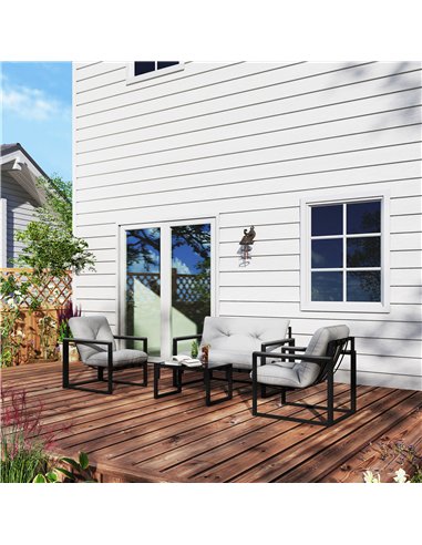 Outsunny Garden Furniture Set, 4 Piece Indoor Outdoor Conservatory with Loveseat Sofa, Armchairs, Glass Top Coffee Table, Cushio
