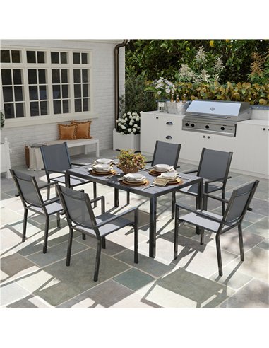 Outsunny 7 Piece Garden Dining Set, Outdoor Furniture Set with 6 Stackable Chairs and 150 cm Rectangle Table, WPC Slatted Top, R