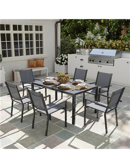 Outsunny 7 Piece Garden Dining Set, Outdoor Furniture Set with 6 Stackable Chairs and 150 cm Rectangle Table, WPC Slatted Top, R - pic 151406 | FastDaddyshop