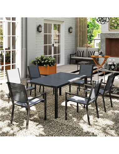 Outsunny 7 Piece Garden Dining Set, Outdoor Furniture Set with 6 Stackable Chairs and 150 cm Rectangle Table, WPC Slatted Top, R
