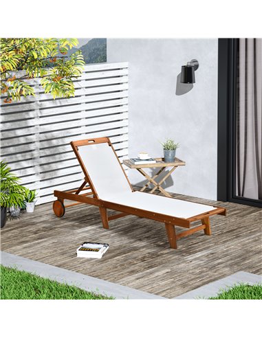 Outsunny Outdoor Acacia Wood Texteline Beach Sun Lounger Garden Patio Sunbed Recliner Chaise Adjustable Backrest with Wheels