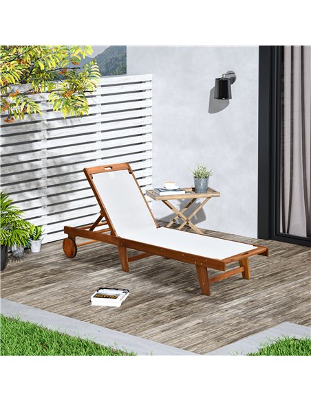 Outsunny Outdoor Acacia Wood Texteline Beach Sun Lounger Garden Patio Sunbed Recliner Chaise Adjustable Backrest with Wheels - pic 151424 | FastDaddyshop