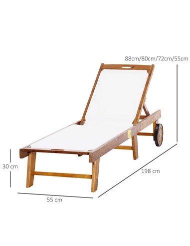 Outsunny Outdoor Acacia Wood Texteline Beach Sun Lounger Garden Patio Sunbed Recliner Chaise Adjustable Backrest with Wheels