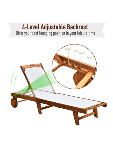 Outsunny Outdoor Acacia Wood Texteline Beach Sun Lounger Garden Patio Sunbed Recliner Chaise Adjustable Backrest with Wheels
