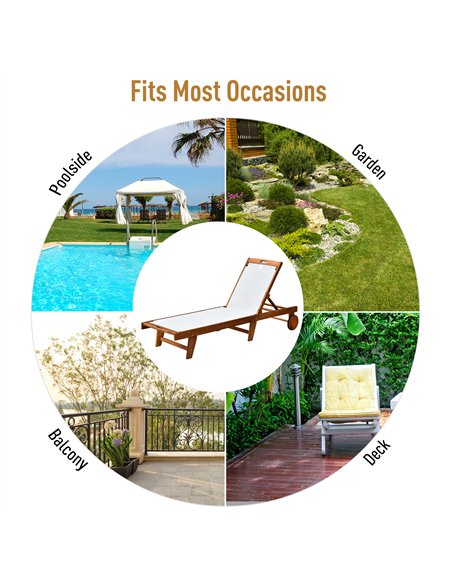 Outsunny Outdoor Acacia Wood Texteline Beach Sun Lounger Garden Patio Sunbed Recliner Chaise Adjustable Backrest with Wheels - pic 151429 | FastDaddyshop