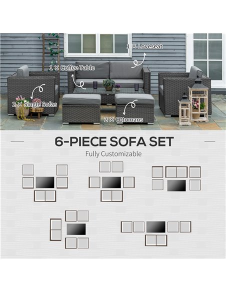 Outsunny 6PC Garden Rattan Sofa Set with Table, Grey - pic 15143 | FastDaddyshop