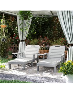 Outsunny Set of 2 Resin Reclining Sun Loungers for Garden, 5 Positions Adjustable Outdoor Chaise Lounge Chairs with Wood Texture 2