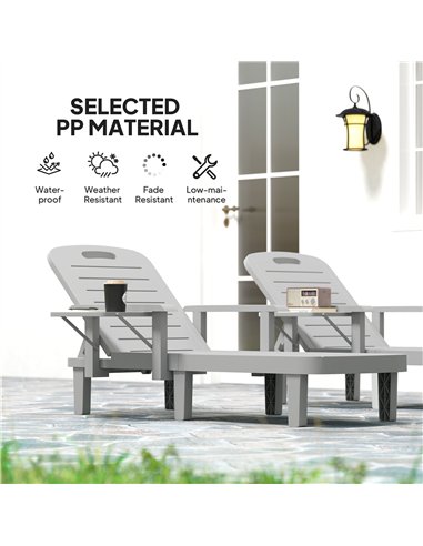 Outsunny Set of 2 Resin Reclining Sun Loungers for Garden, 5 Positions Adjustable Outdoor Chaise Lounge Chairs with Wood Texture