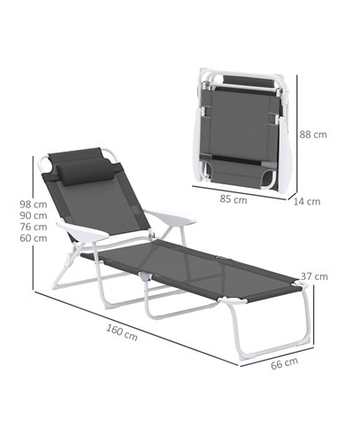 Outsunny Foldable Lounge Chair with 4-Level Adjustable Backrest & Headrest - Charcoal Grey