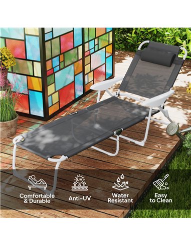 Outsunny Foldable Lounge Chair with 4-Level Adjustable Backrest & Headrest - Charcoal Grey