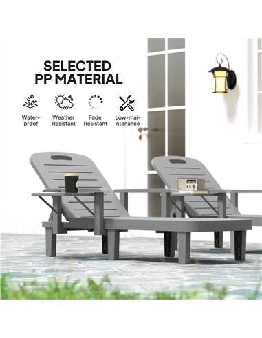Outsunny Set of 2 Resin Reclining Sun Loungers for Garden, 5 Positions Adjustable Outdoor Chaise Lounge Chairs with Wood Texture