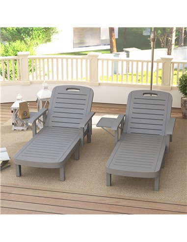 Outsunny Set of 2 Resin Reclining Sun Loungers for Garden, 5 Positions Adjustable Outdoor Chaise Lounge Chairs with Wood Texture