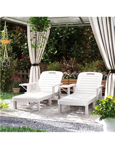 Outsunny Set of 2 Resin Reclining Sun Loungers for Garden, 5 Positions Adjustable Outdoor Chaise Lounge Chairs with Wood Texture