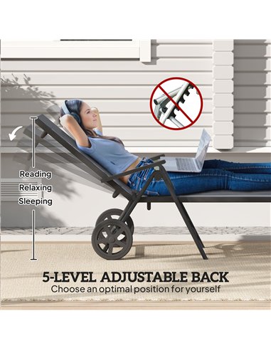 Outsunny Folding Sun Lounger with Wheels, 5-Position Adjustable Garden Chaise Lounge Sunbed with Armrests, Metal Frame Outdoor P