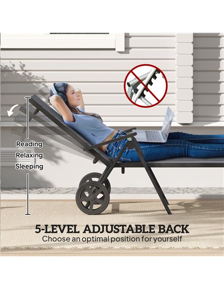 Outsunny Folding Sun Lounger with Wheels, 5-Position Adjustable Garden Chaise Lounge Sunbed with Armrests, Metal Frame Outdoor P - pic 151552 | FastDaddyshop