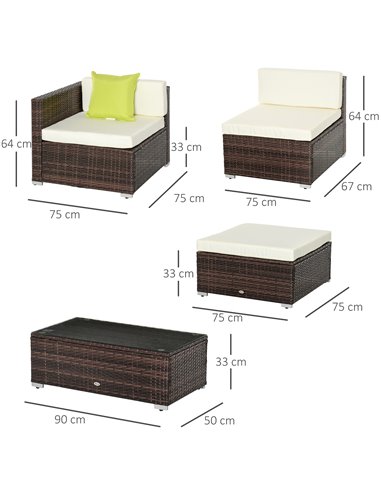 Outsunny 4-Seater Rattan Sofa Set with Cushion Pillows, Brown