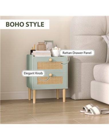 HOMCOM Bedroom Chest of Drawers, Boho Rattan Dresser with 2 Drawers, Storage Cabinet for Living Room, Hallway, Entryway, Light B