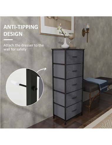 HOMCOM Fabric Chest of Drawers, Storage Drawers, Industrial Bedroom Dresser with 5 Fabric Drawers, Steel Frame and Wooden Top fo