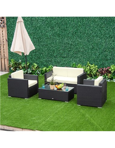 Outsunny 4-Seater Rattan Sofa Set Garden Rattan Furniture Wicker Steel Chair Seat Furniture Patio Rattan Garden Sofa Black
