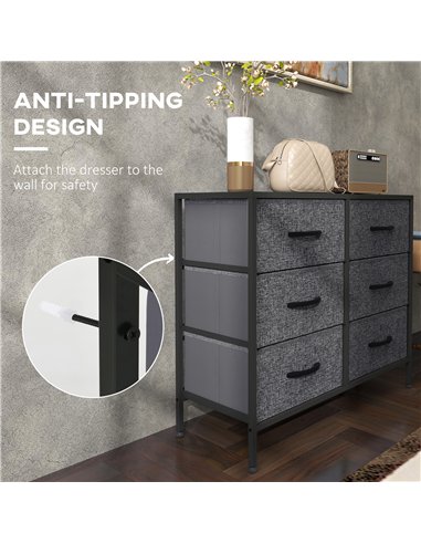 HOMCOM Fabric Chest of Drawers, Storage Drawers, Industrial Bedroom Dresser with 6 Fabric Drawers, Steel Frame and Wooden Top fo