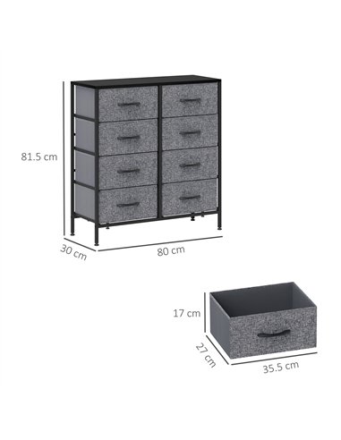 HOMCOM Fabric Chest of Drawers, Storage Drawers, Industrial Bedroom Dresser with 8 Fabric Drawers, Steel Frame and Wooden Top fo