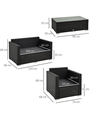 Outsunny 4-Seater Rattan Sofa Set Garden Rattan Furniture Wicker Steel Chair Seat Furniture Patio Rattan Garden Sofa Black