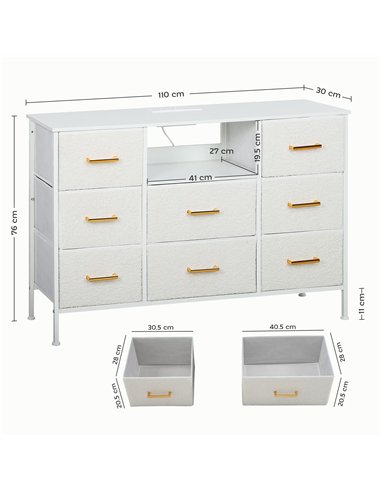 HOMCOM Boucle Chest of Drawers, 8 Fabric Drawers Storage Organiser with Charging Station, 2 USB and 2 AC Ports, Steel Frame, Fab