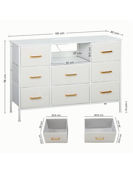 HOMCOM Boucle Chest of Drawers, 8 Fabric Drawers Storage Organiser with Charging Station, 2 USB and 2 AC Ports, Steel Frame, Fab - pic 151668 | FastDaddyshop