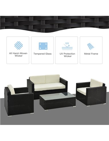 Outsunny 4-Seater Rattan Sofa Set Garden Rattan Furniture Wicker Steel Chair Seat Furniture Patio Rattan Garden Sofa Black
