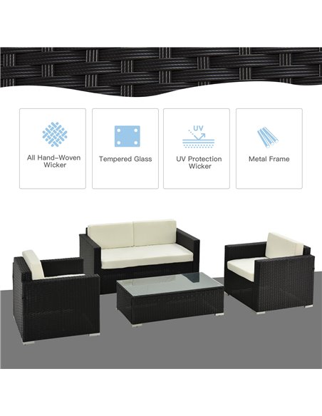 Outsunny 4-Seater Rattan Sofa Set Garden Rattan Furniture Wicker Steel Chair Seat Furniture Patio Rattan Garden Sofa Black - pic 15167 | FastDaddyshop