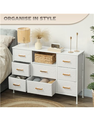 HOMCOM Boucle Chest of Drawers, 8 Fabric Drawers Storage Organiser with Charging Station, 2 USB and 2 AC Ports, Steel Frame, Fab