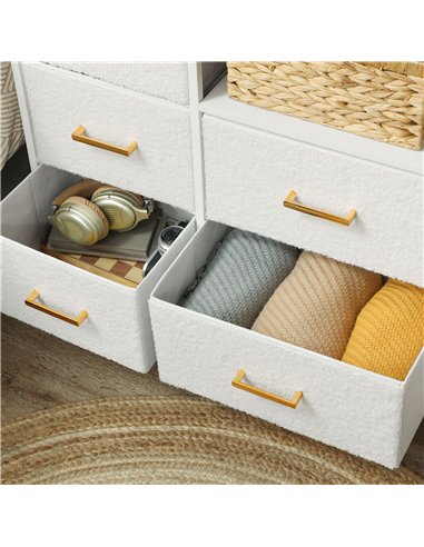 HOMCOM Boucle Chest of Drawers, 8 Fabric Drawers Storage Organiser with Charging Station, 2 USB and 2 AC Ports, Steel Frame, Fab