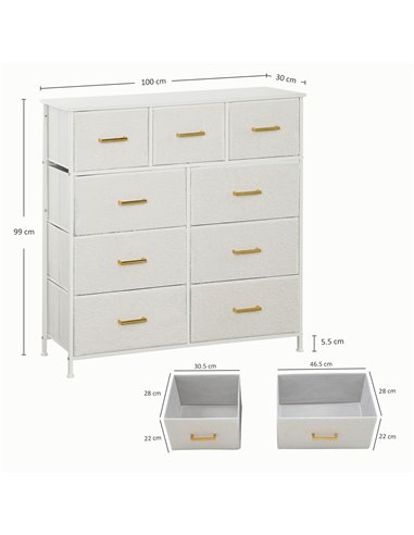 HOMCOM Chest of Drawers with 9 Fabric Drawers, Boucle Storage Organiser with Steel Frame, Fabric Dresser for Bedroom, Living Roo