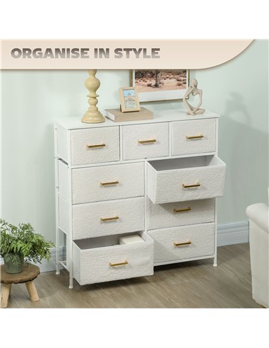 HOMCOM Chest of Drawers with 9 Fabric Drawers, Boucle Storage Organiser with Steel Frame, Fabric Dresser for Bedroom, Living Roo