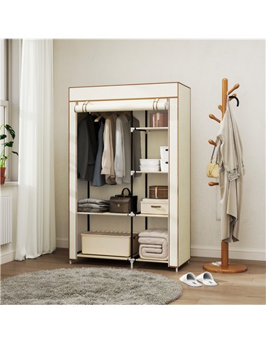 HOMCOM Fabric Wardrobe, Portable Wardrobe with 6 Shelves, 1 Hanging Rail, Foldable Closets, 103 x 43 x 162.5 cm, Cream White